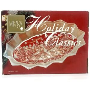 Mikasa Crystal Oval Platter 11.75" Christmas Holiday Village Santa Reindeer New
